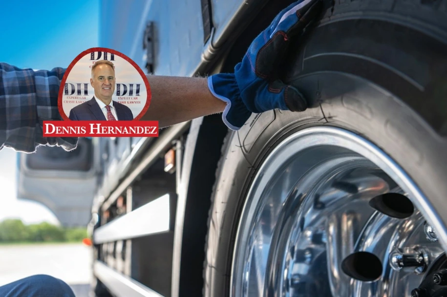 Truck driver inspecting a large commercial vehicle tire during a maintenance check, with Dennis Hernandez Injury Attorneys logo overlayed.
