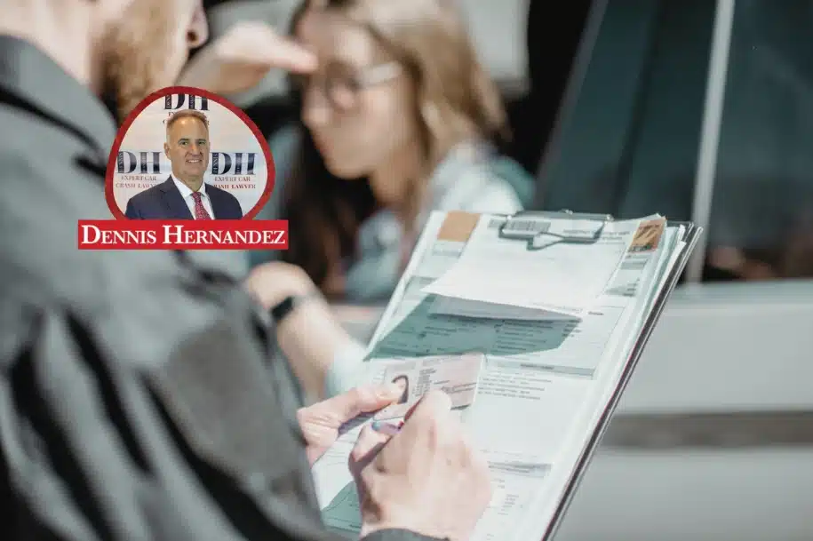 Police officer writing an accident report while holding a driver’s license, with a distressed woman standing near a damaged vehicle and the Dennis Hernandez Injury Attorneys logo displayed.