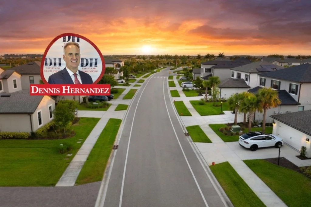 Aerial view of a quiet suburban neighborhood street at sunset with the Dennis Hernandez Injury Attorneys logo overlay.