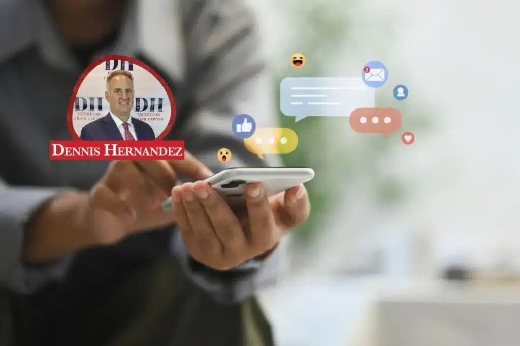 Close-up of a person using a smartphone with floating social media icons, including likes, messages, and reactions, with the Dennis Hernandez Injury Attorneys logo overlay.