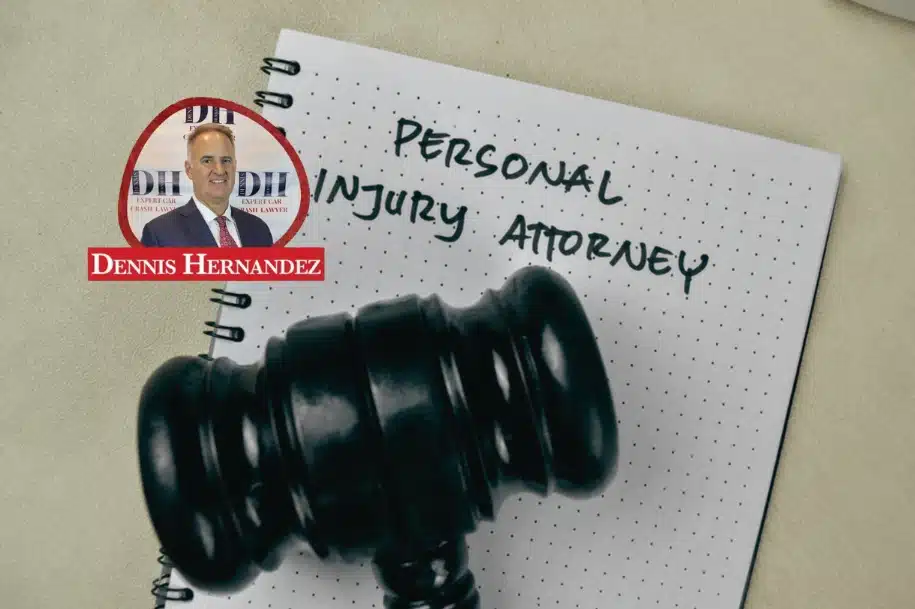 Wooden gavel resting on a notepad labeled “Personal Injury Attorney,” symbolizing legal expertise and representation, with the Dennis Hernandez Injury Attorneys logo displayed.