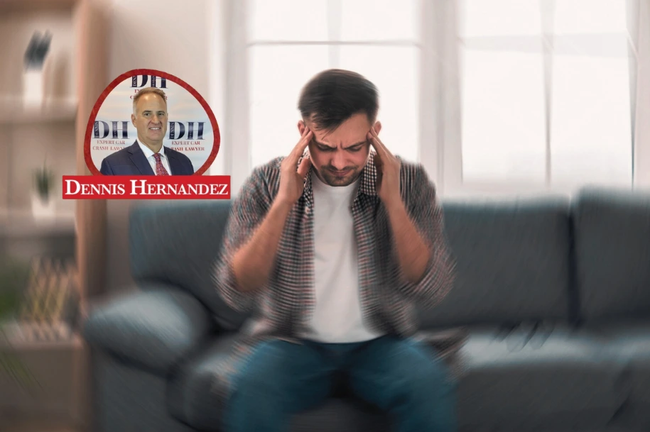 Man sitting on a sofa holding his temples, blurred background showing dizziness, with Dennis Hernandez Injury Attorneys logo. Brain Injury
