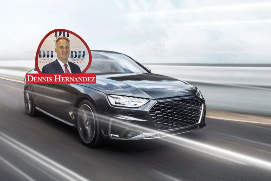 Black car driving fast on an open road with motion blur, featuring the Dennis Hernandez Injury Attorneys logo overlay.