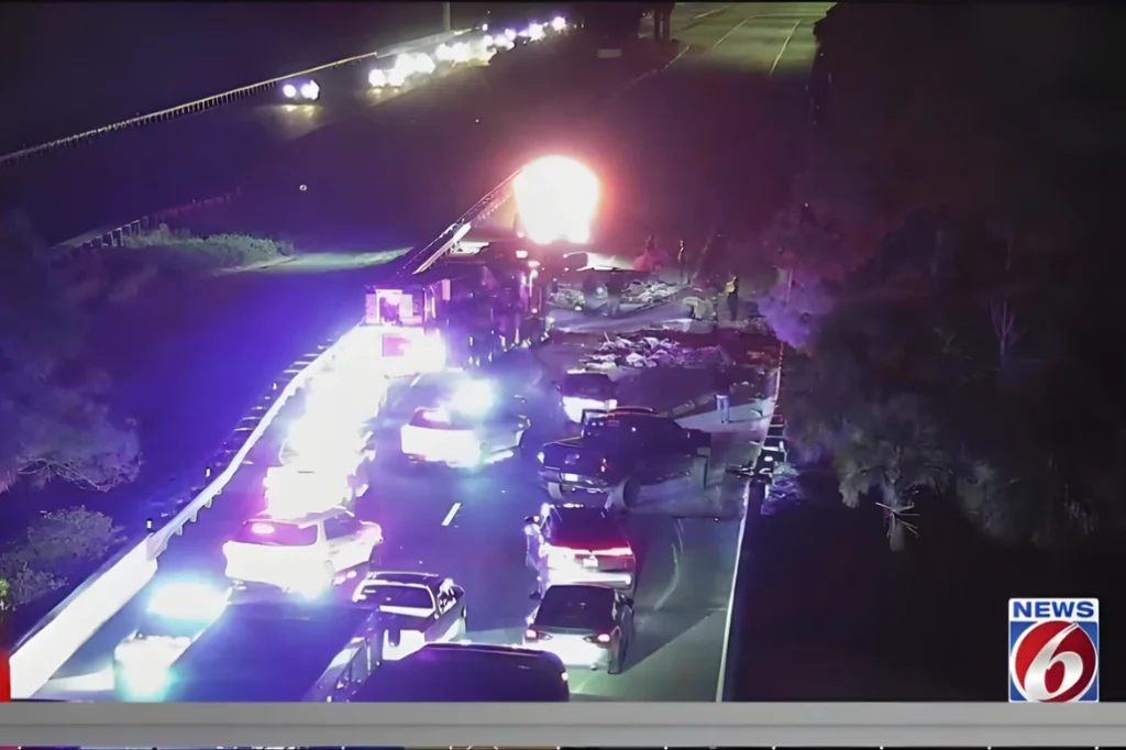 Nighttime highway crash scene with multiple police and emergency vehicles, flashing lights, and debris in closed lanes.