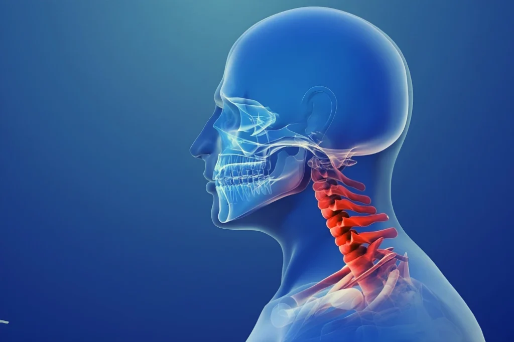 Medical illustration of a human head and neck in profile, highlighting the cervical spine in red.