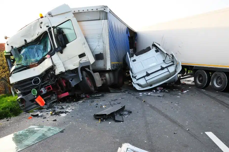 Severe semi truck crash with a crushed cab and debris scattered across the roadway.