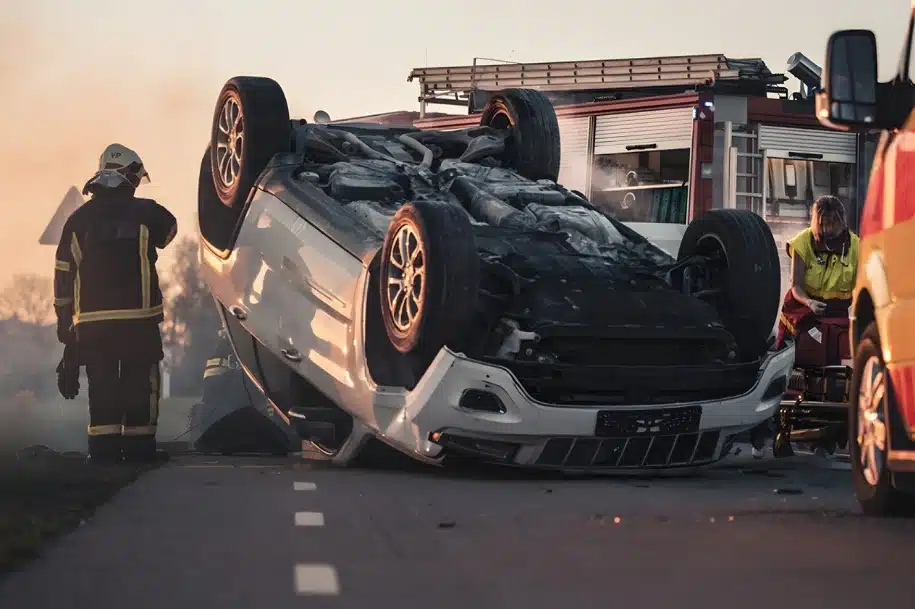 Overturned car on a roadway with firefighters and emergency responders at the scene.