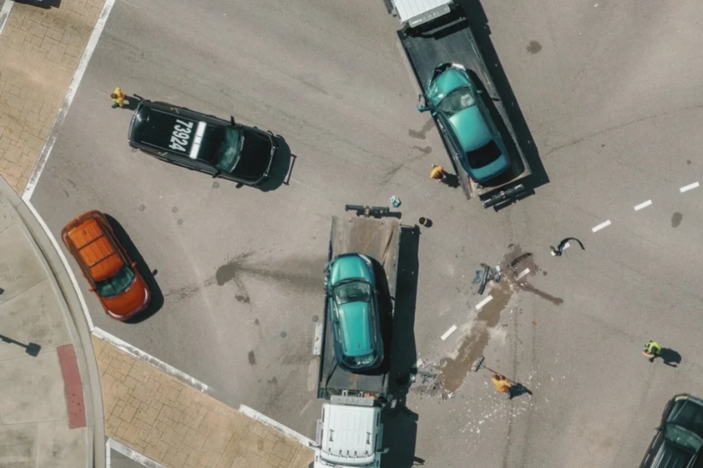 Aerial view of a multi-vehicle crash at an intersection, with tow trucks loading cars and responders near debris and spilled fluid.