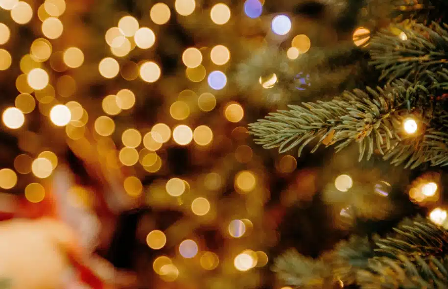 Blurred Christmas lights and holiday tree branches during festive travel season.