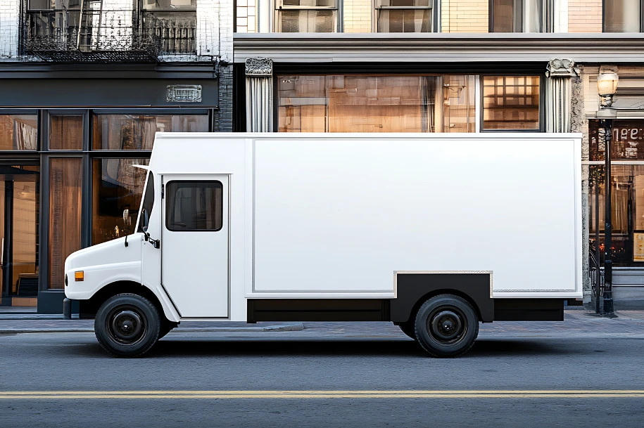 White delivery box truck parked along a city street in front of commercial buildings.