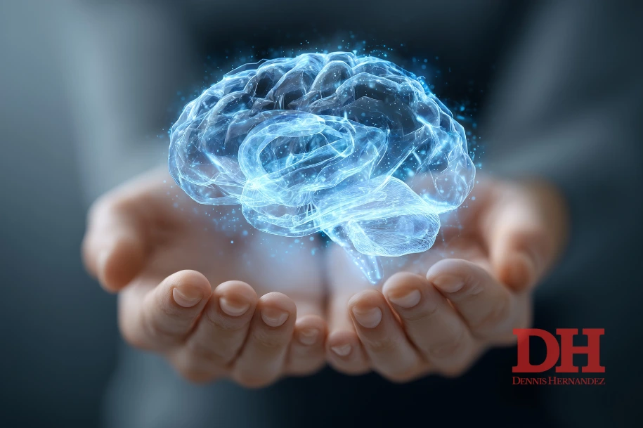 Glowing digital illustration of a human brain hovering above open hands.