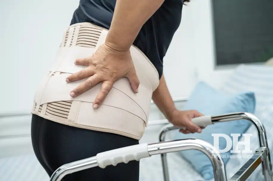 Person wearing a lower back brace and using a walker, illustrating mobility challenges after a spinal cord injury.