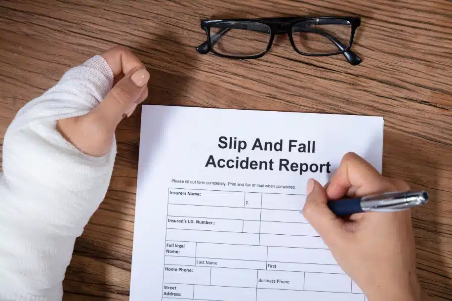 Injured person with a bandaged hand filling out a slip and fall accident report at a desk.