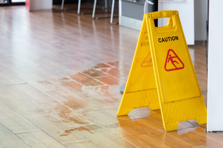 Yellow caution sign placed on a wet floor with visible water on a hardwood surface.