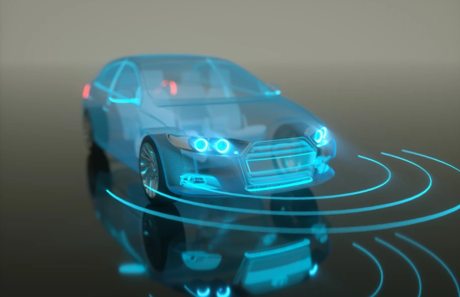 Digital rendering of a connected car using advanced sensor technology and vehicle detection systems.