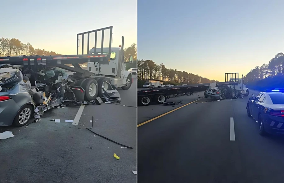 Highway Flatbed Truck Crash Scene