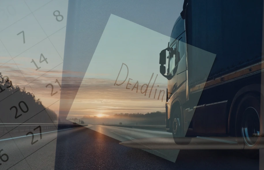 Commercial truck driving on an open highway at sunrise with a calendar overlay highlighting a legal deadline.