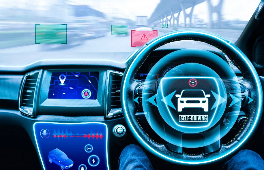 Interior view of a self driving car dashboard displaying autonomous driving technology and digital safety alerts.