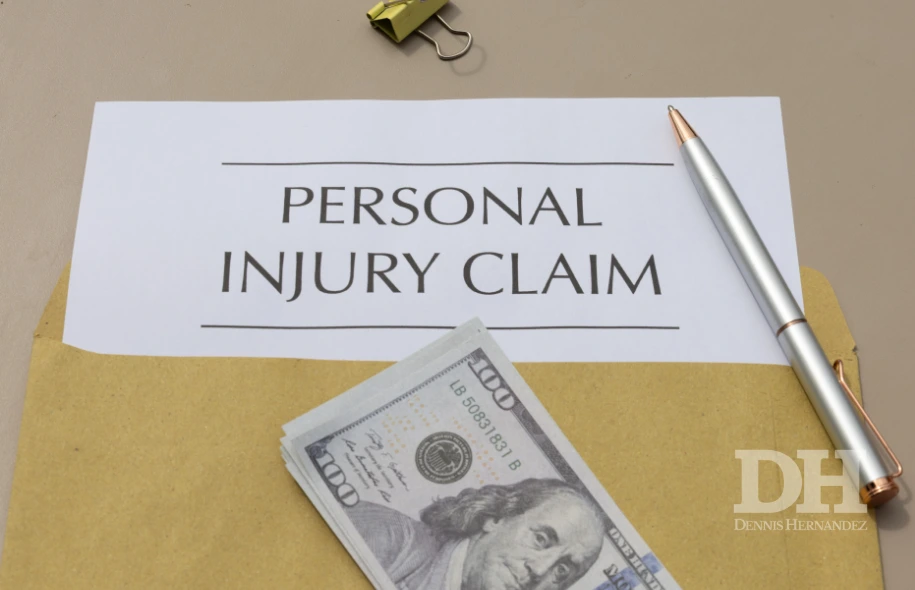 Personal injury claim document with cash and pen on a desk, representing injury compensation.