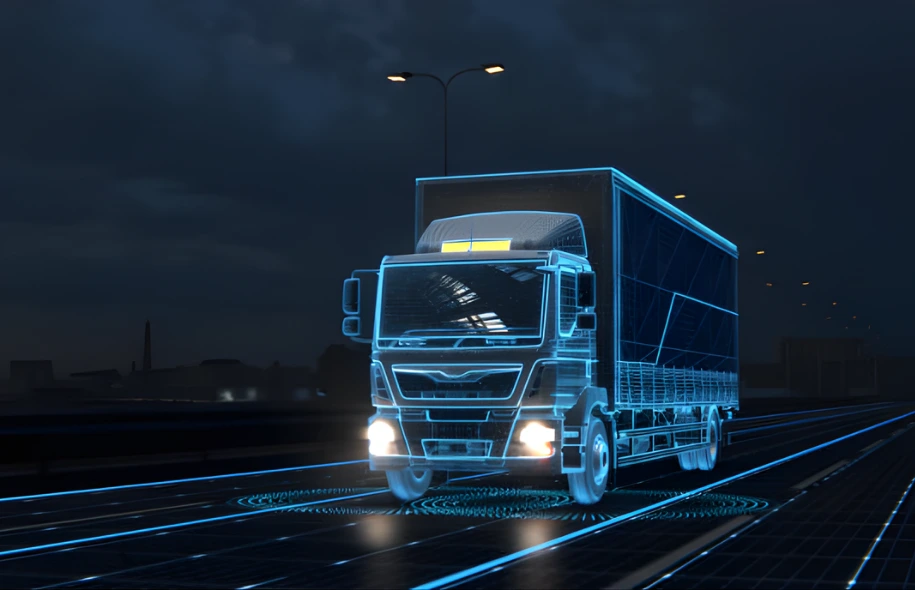 Futuristic digital illustration of a commercial truck driving on a smart highway at night.