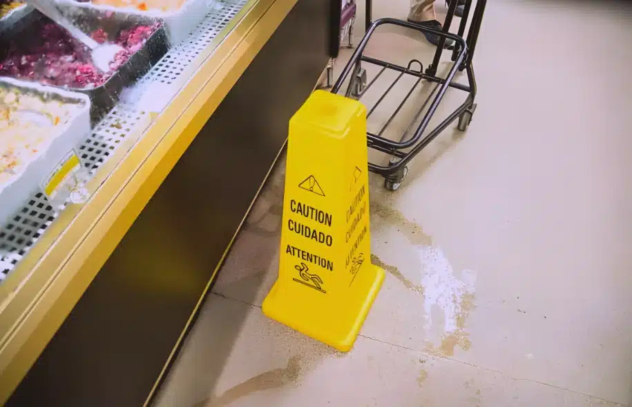 Yellow caution wet floor sign next to a spill in a grocery store aisle.