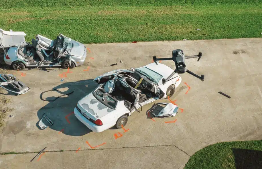 Aerial view of crashed vehicles with a drone capturing accident scene evidence.