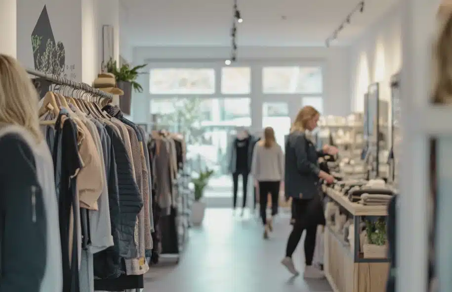 Retail store interior with clothing displays and shoppers browsing merchandise in a modern retail environment.