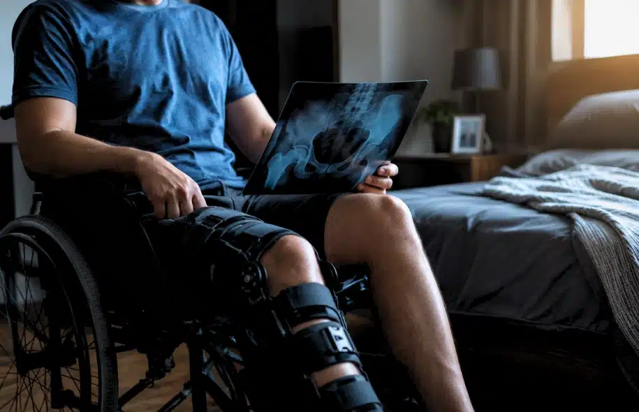 Injured person in wheelchair reviewing pelvic X-ray with leg brace during recovery.