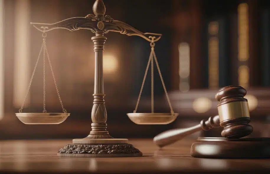 Scales of justice and judge’s gavel representing legal settlements and courtroom trials.