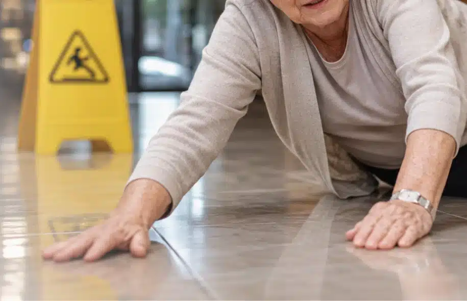 Older adult on the floor after a slip and fall accident with a wet floor warning sign visible in the background.